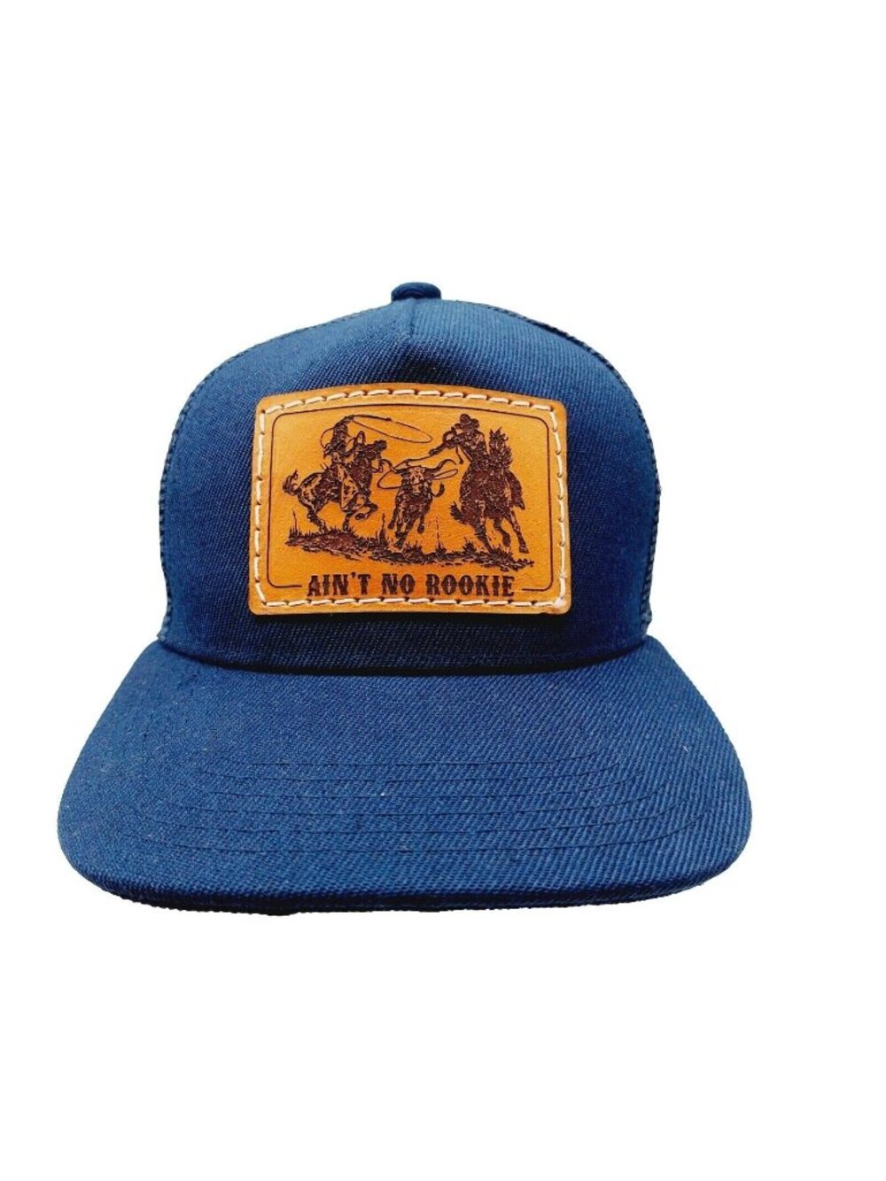 "Ain't No Rookie Hat" Brown Patch Blue Hat Rodeo Snapback Mesh